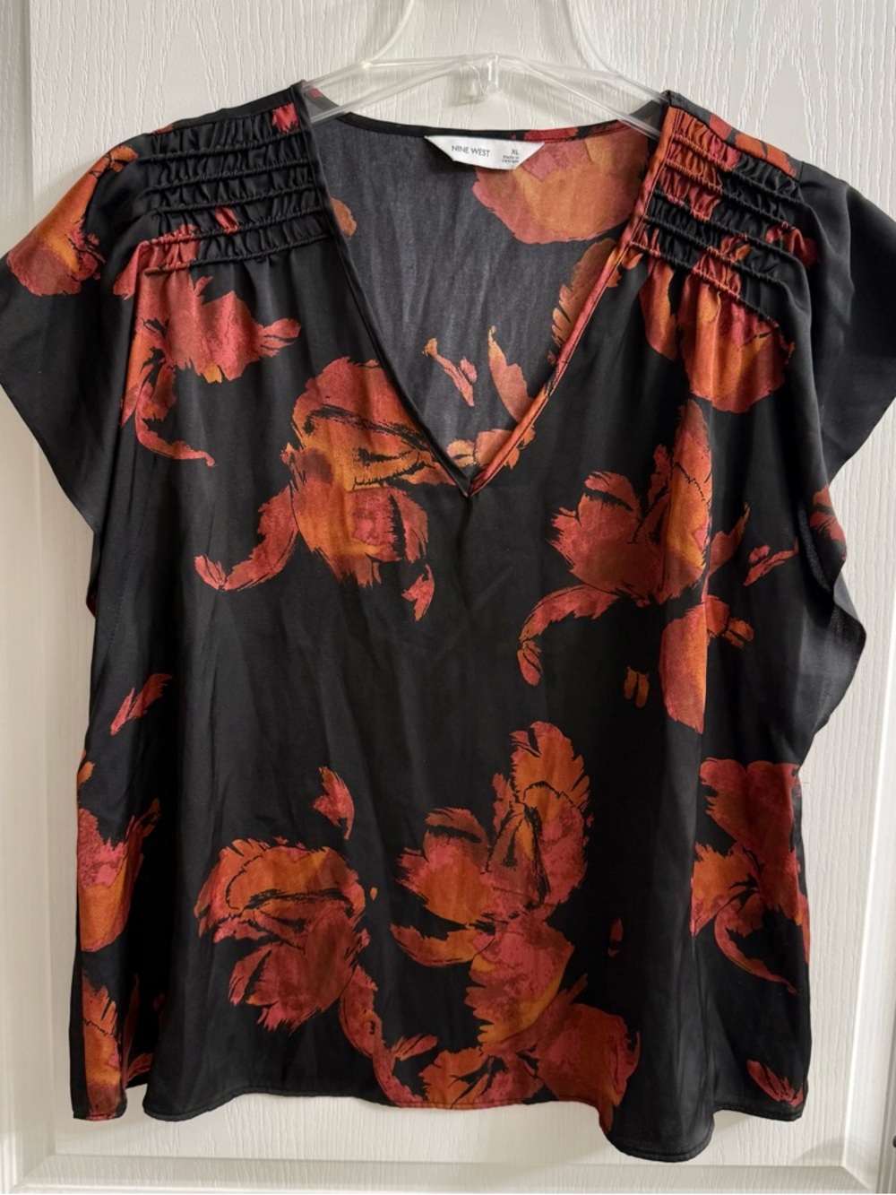Nine West Black V-Neck Floral Blouse with Pink -Orange Blooms